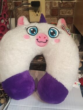 Plush Unicorn Neck Pillow - White & Purple